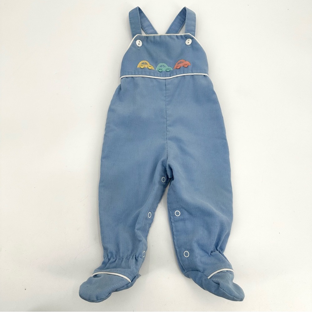 VTG Health-tex Baby Outfit Boys 9 Mos. Blue Car Overalls Footed Made in USA READ